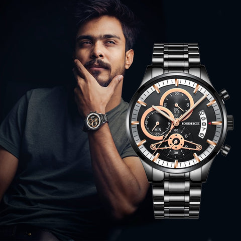 Mens Casual Watch Retro Three Eye Design Business Quartz Brand Clock