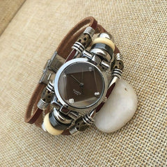 Gnova Genuine  Top Leather Watch Women Chocolate Dial Face Special Glass Triple Bracelet