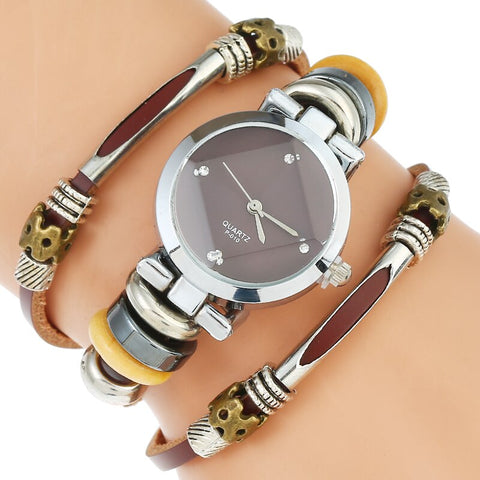 Gnova Genuine  Top Leather Watch Women Chocolate Dial Face Special Glass Triple Bracelet